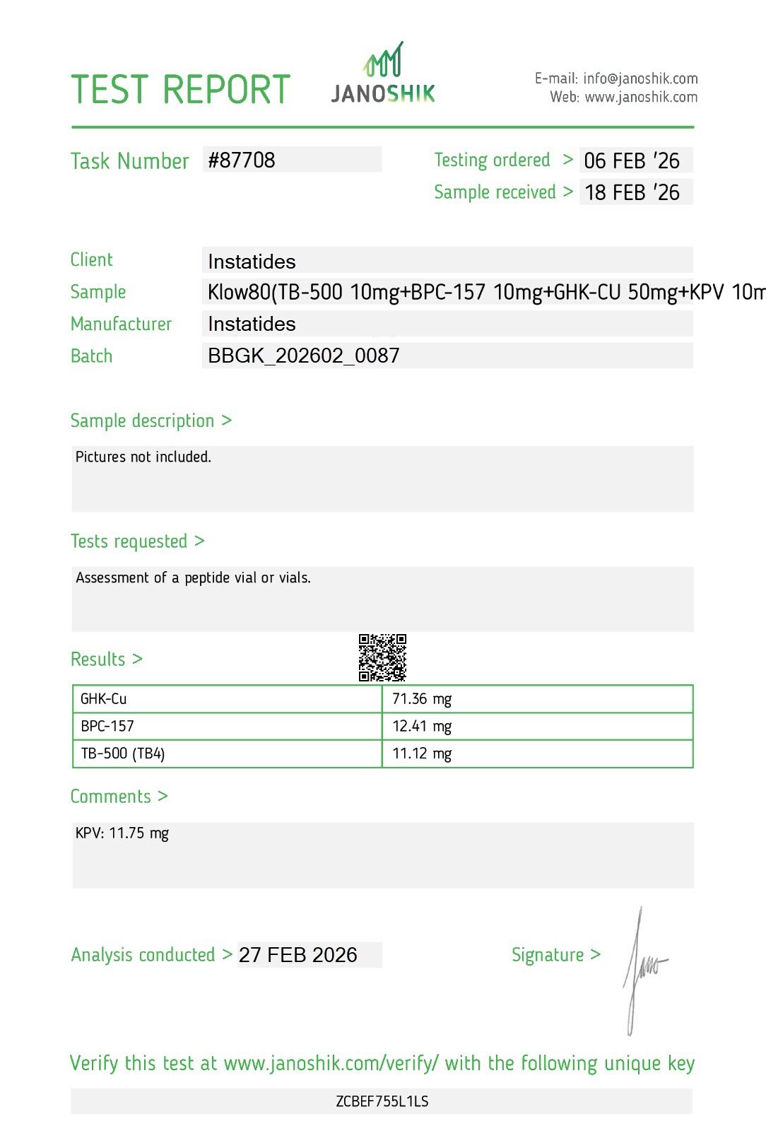 KLOW80 Certificate of Analysis