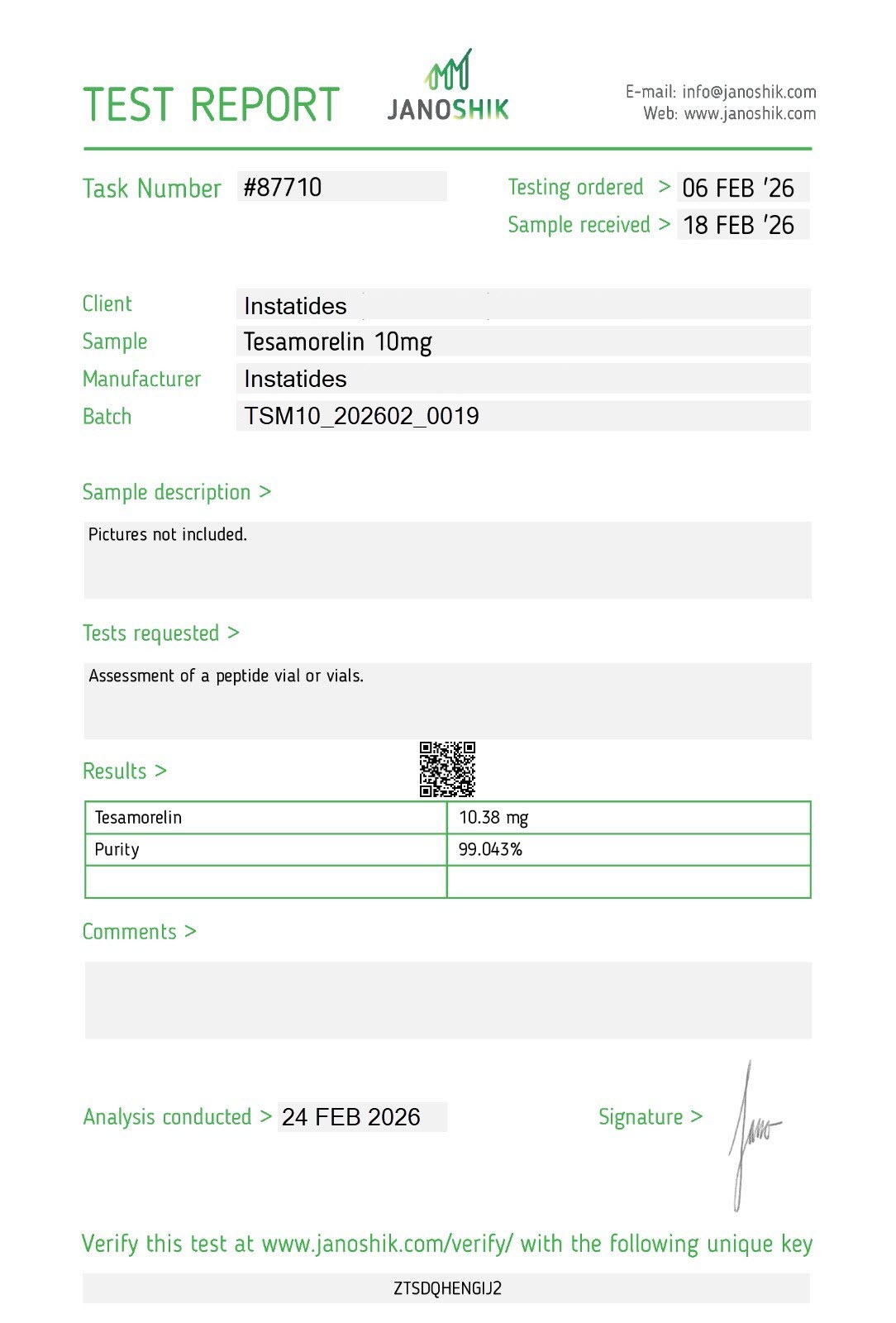 Tesamorelin 10mg Certificate of Analysis